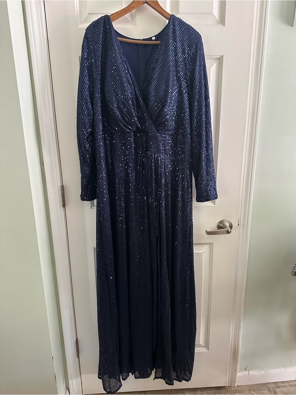Elegant Navy Sequin Long Sleeve V-Neck Dress